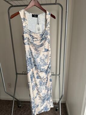 Cider Blue Toile Print Satin Midi Dress NWT Medium Cowl Neck Side Slit Size M